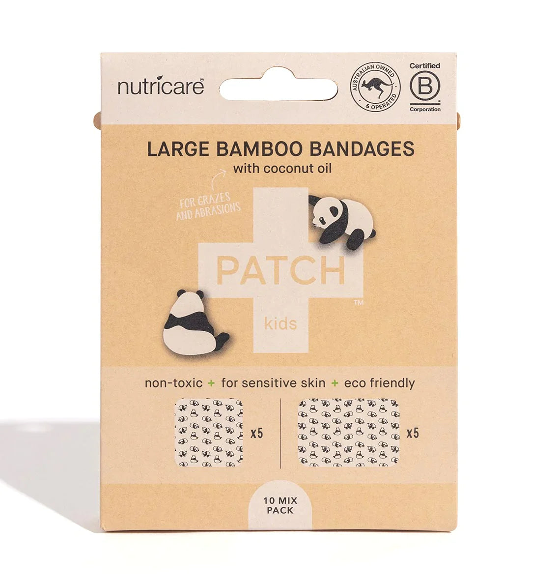 Coconut Oil Patch Natural Bamboo Bandages for sensitive skin, eco friendly, hypoallergenic, non-toxic, latex free, Panda print, large format