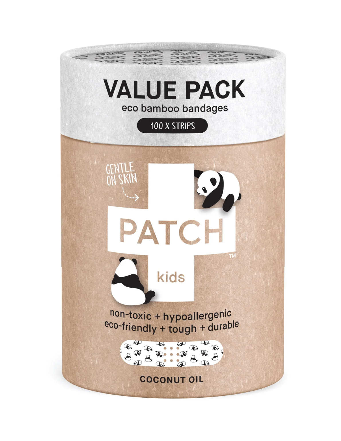 Coconut Oil Patch Natural Bamboo Bandages for sensitive skin, eco friendly, hypoallergenic, non-toxic, latex free, Panda print, Value Pack