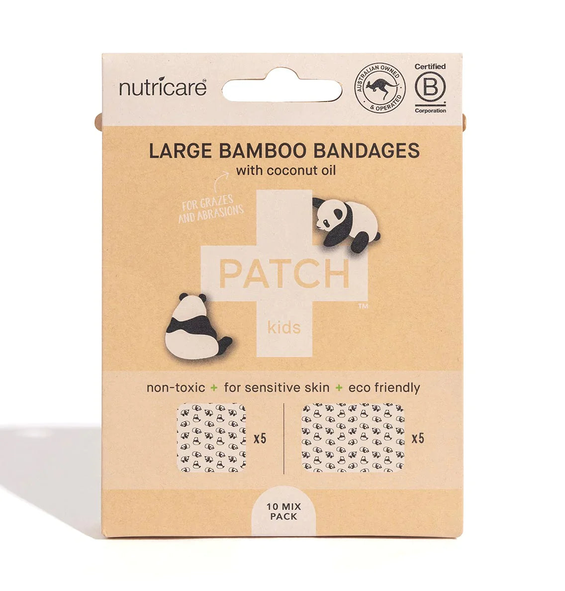
                  
                    Coconut Oil Patch Natural Bamboo Bandages for sensitive skin, eco friendly, hypoallergenic, non-toxic, latex free, Panda print, large format
                  
                